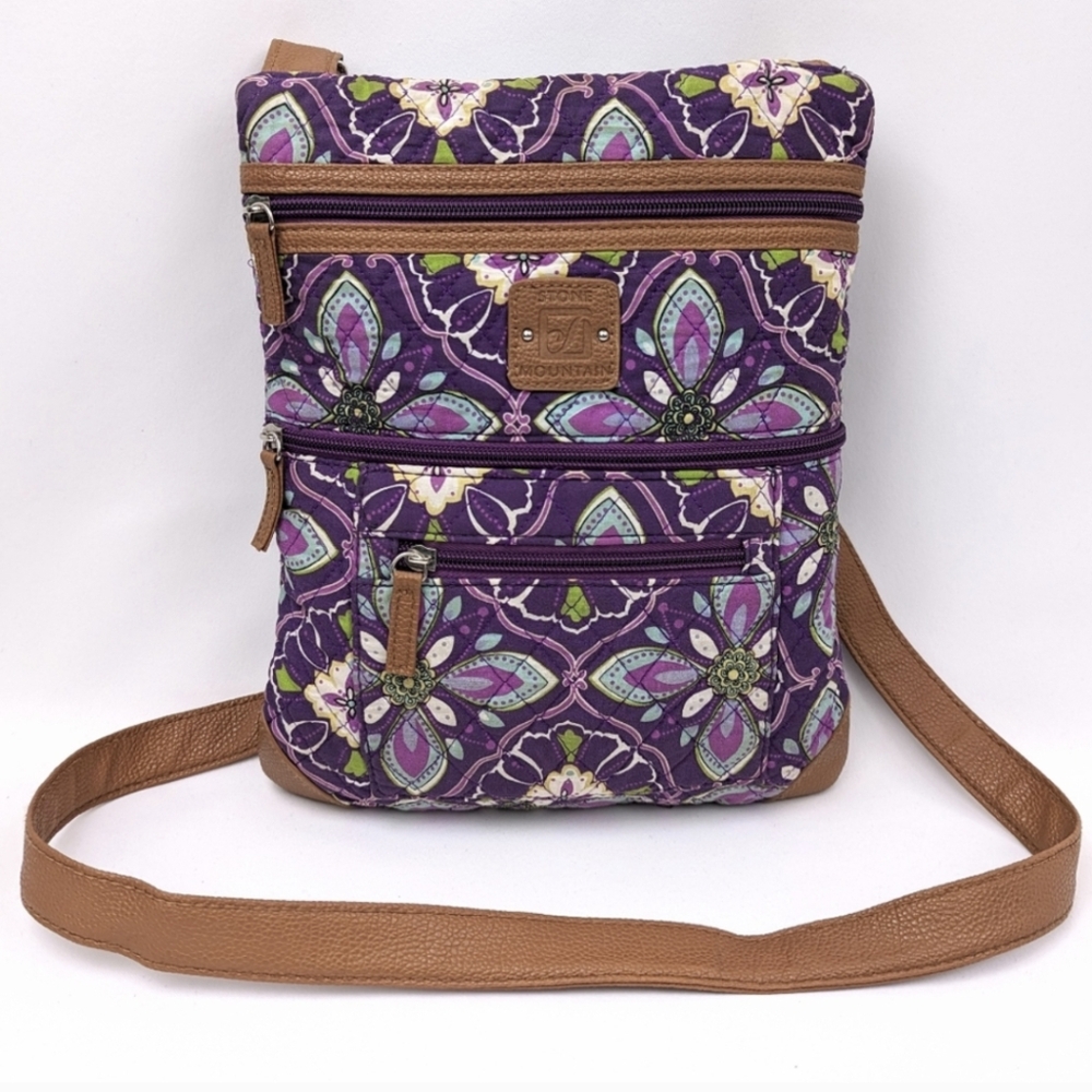 Stone Mountain Lockport Crossbody Purse Quilted Fabric Faux Leather Floral Plum